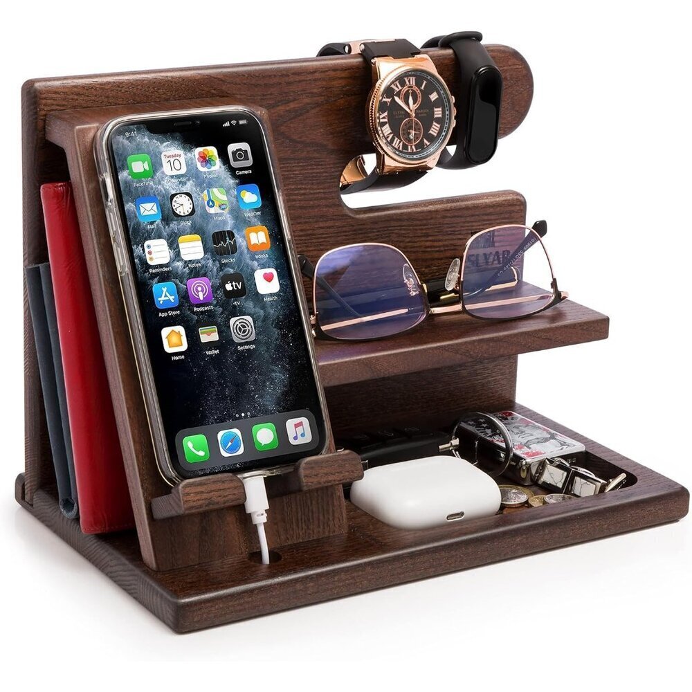 Wood Phone Docking Station for Men - Desktop or Nightstand Organizer